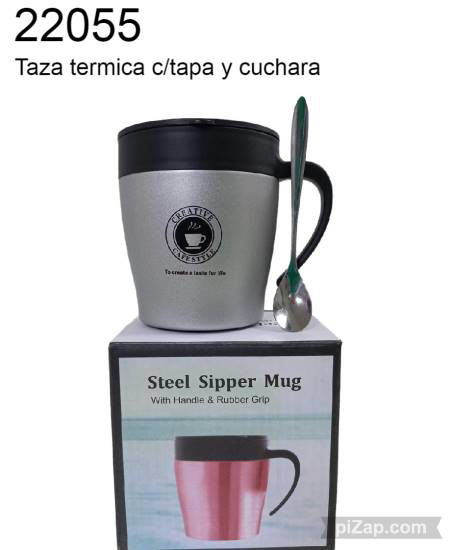 Imagen de TAZA TERMICA  C/TAPA 11X 10 CM  + CUCHARA EN CAJA 3.25